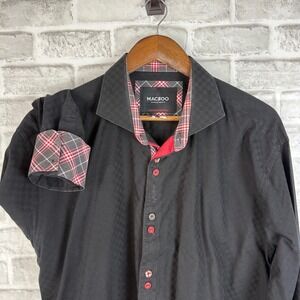 Maceoo Black Italian Jacquard Cotton Button Down Shirt Mens 2XL Plaid Trim